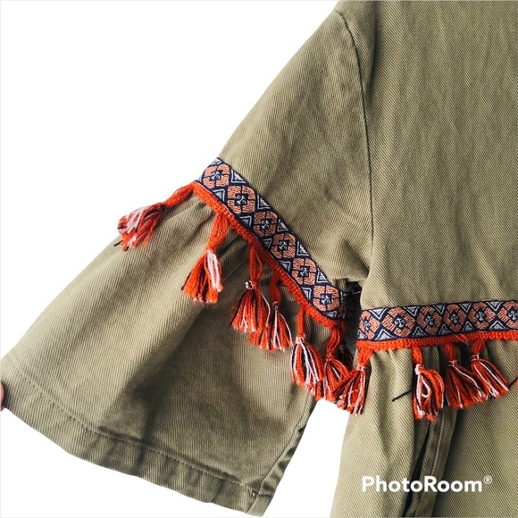 Zara Womens Size XS Denim Army Green Cropped Fringe Jacket Tassels Boho Boxy Fit - Picture 3 of 9